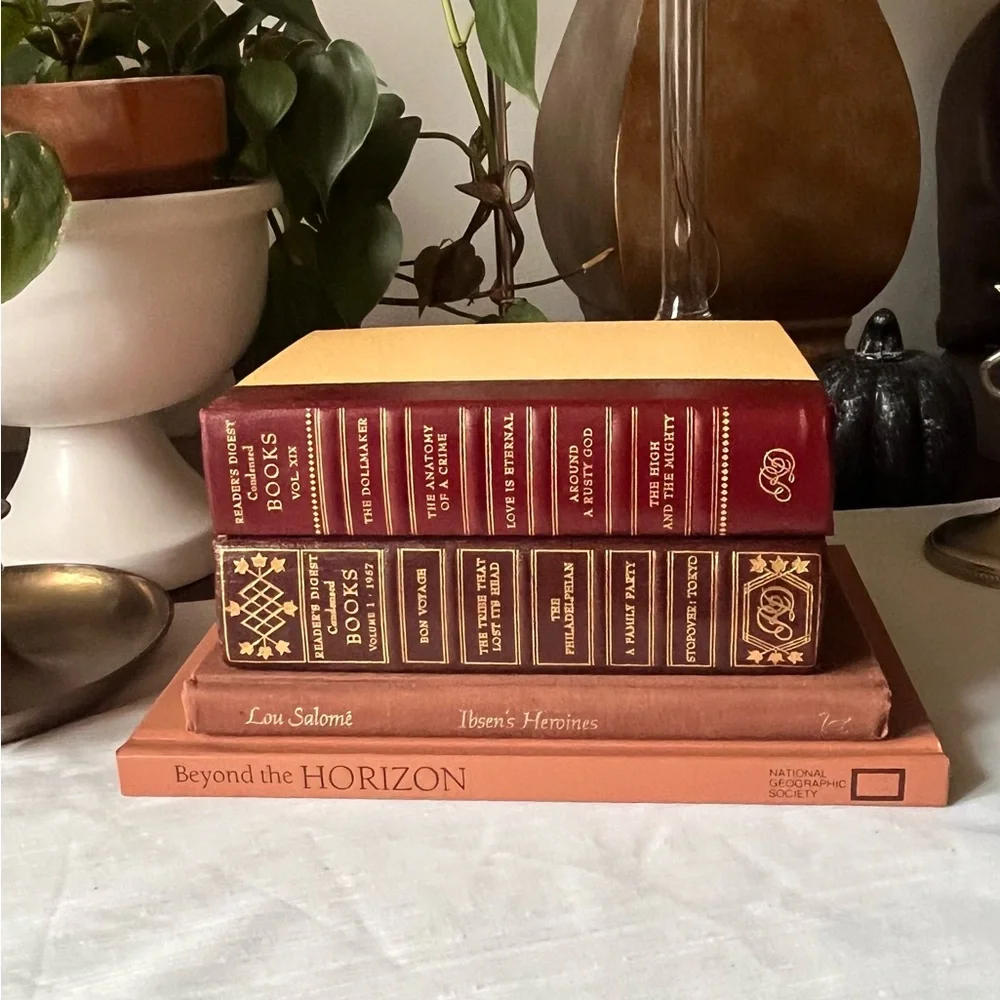 Curated Book Stack Set Decorative Vintage Hardcover Shelf Filler Brown Warm Red